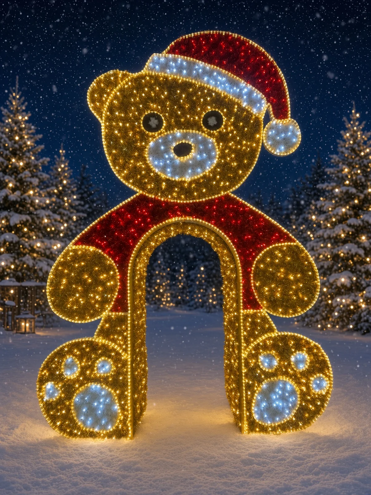 A giant LED teddy bear archway creates a magical festive entrance, perfect for commercial outdoor holiday retail displays.