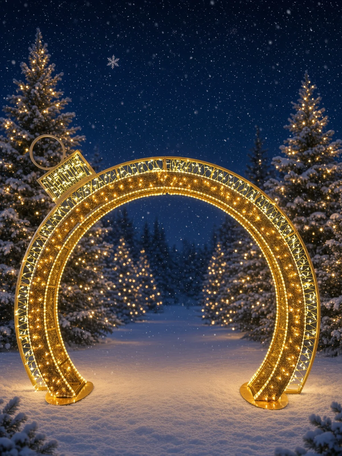 Transform outdoor spaces with spectacular commercial holiday light installations like this stunning golden bauble archway.