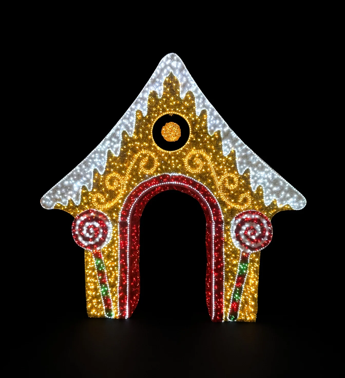 Create a festive wonderland with this commercial-grade LED gingerbread house arch, perfect for holiday retail displays and outdoor light shows.