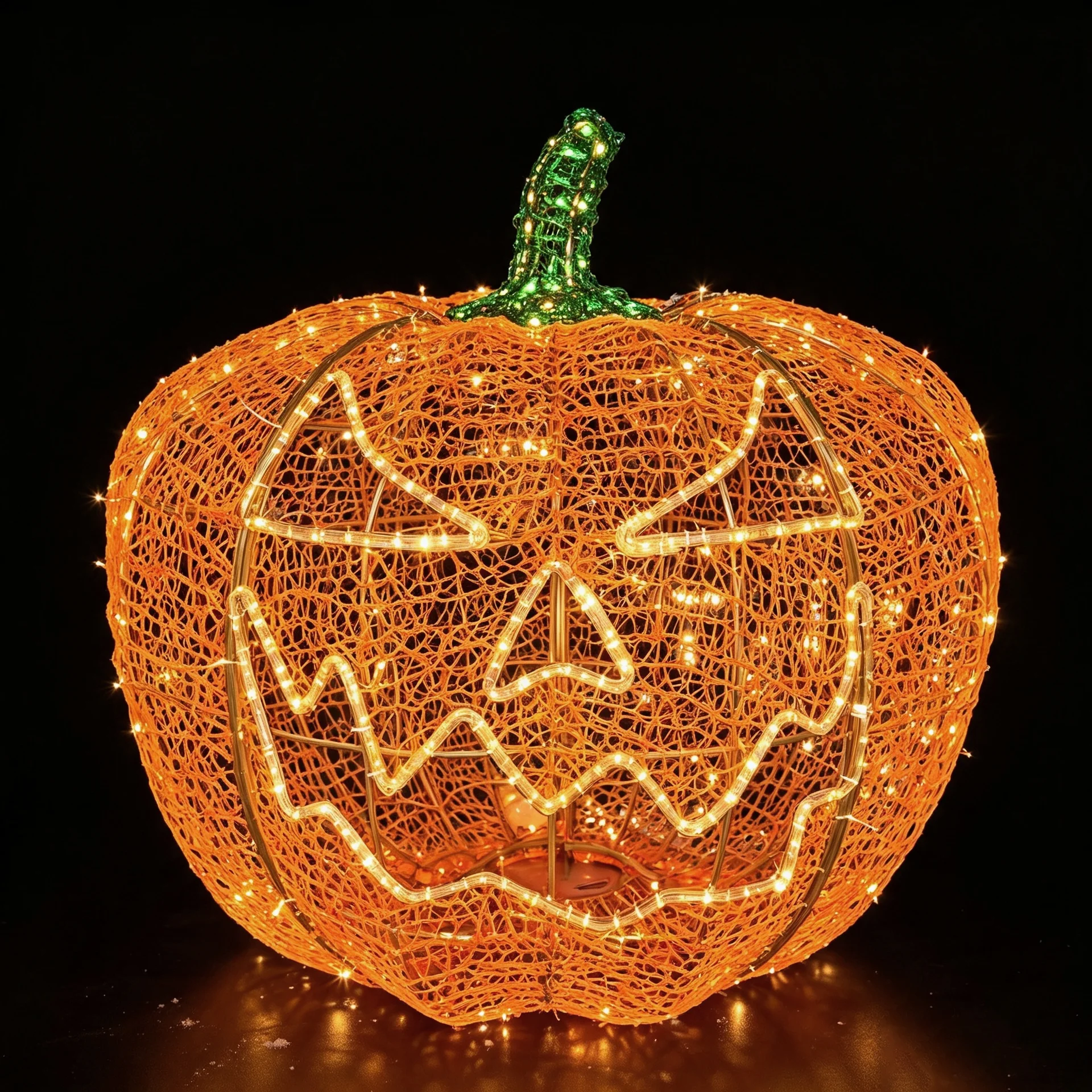 This festive LED-lit pumpkin wireframe display features a classic spooky jack-o'-lantern face, perfect for outdoor Halloween decor.
