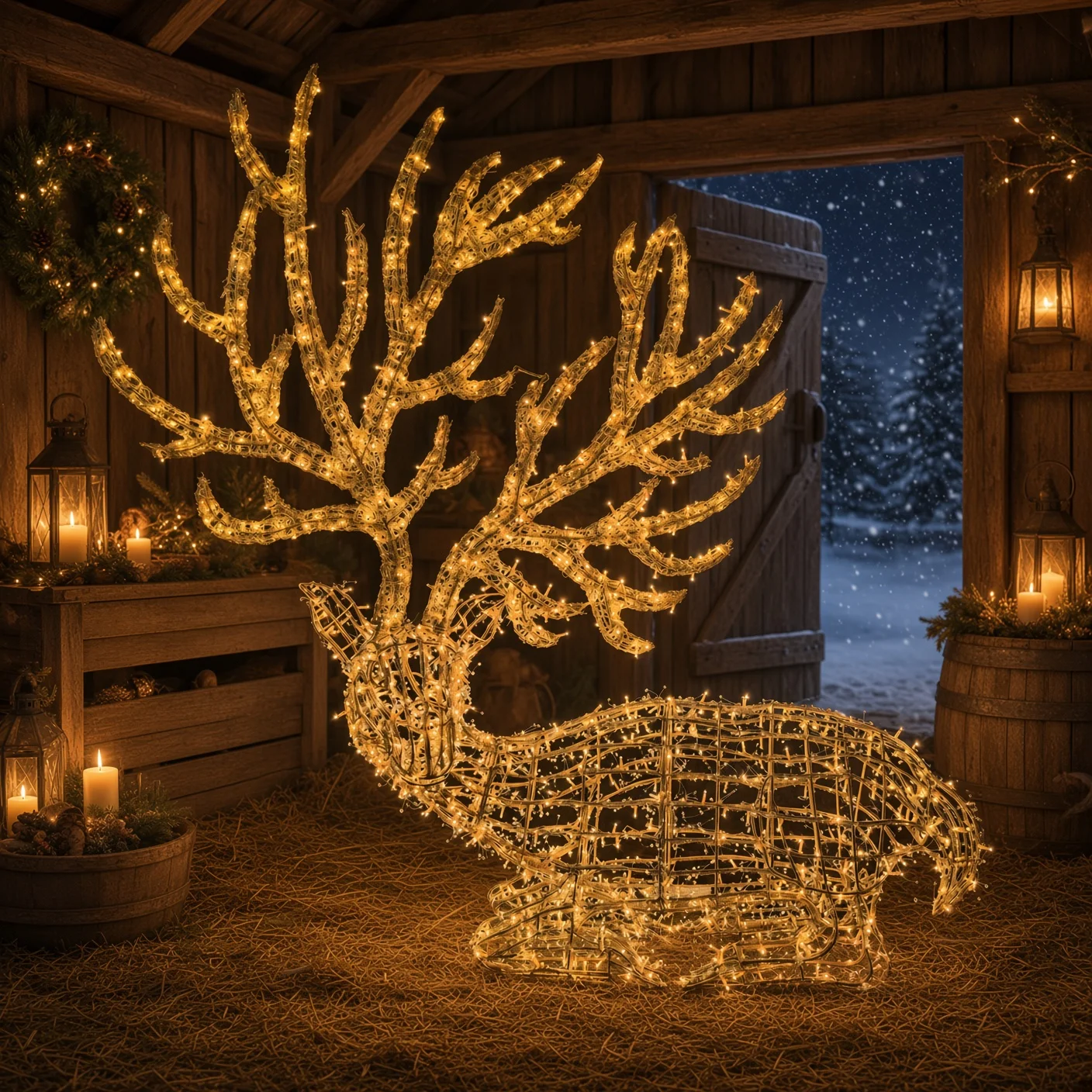Create a cozy holiday display with this stunning lighted wireframe stag, perfect for rustic indoor or outdoor Christmas decor.