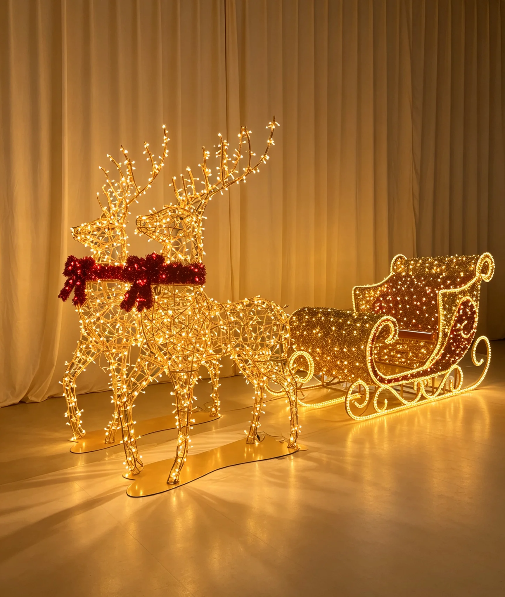 Create a festive winter wonderland with this stunning commercial-grade LED reindeer and sleigh set, perfect for holiday retail store displays.