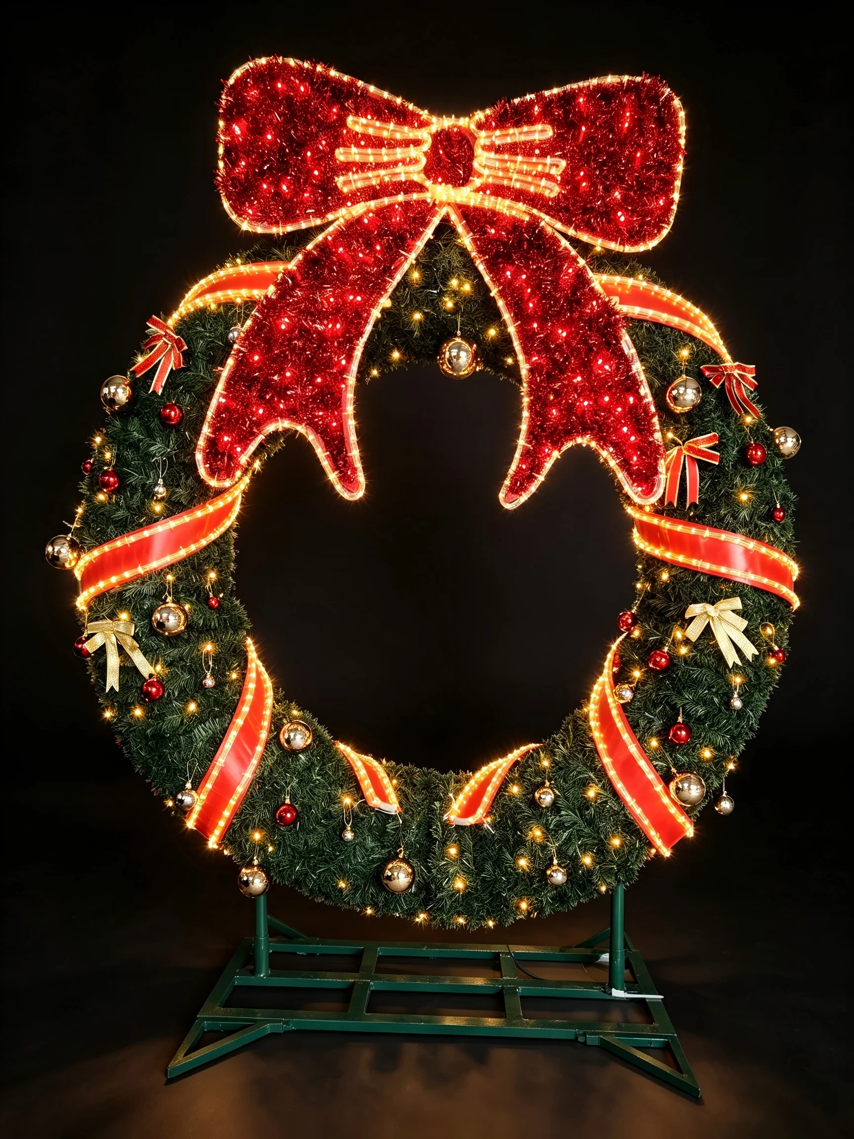 Make your storefront shine with this commercial-grade giant lit Christmas wreath, decorated with festive red and gold ornaments.
