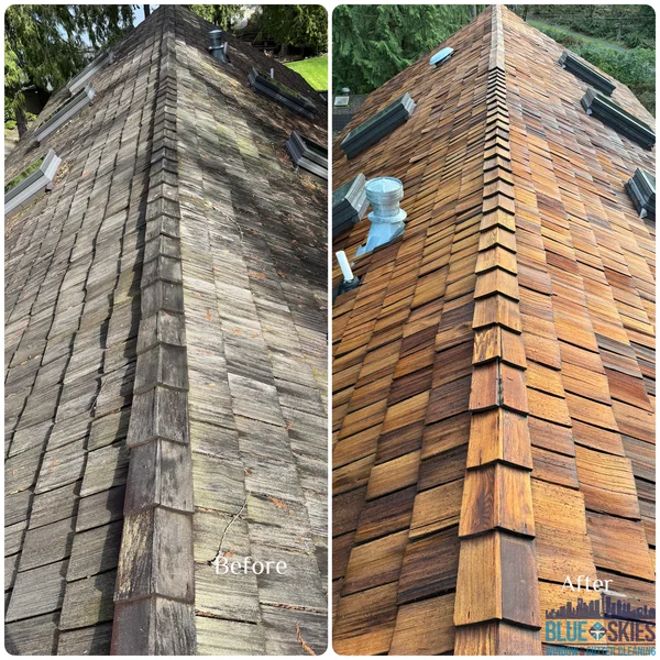 Before and after soft wash roof cleaning shows cedar shake roof restored to its original wood color.