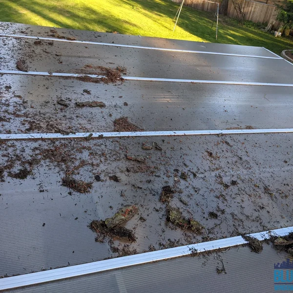 Residential soft wash roof cleaning: Gray translucent roof with moss and debris before professional cleaning.