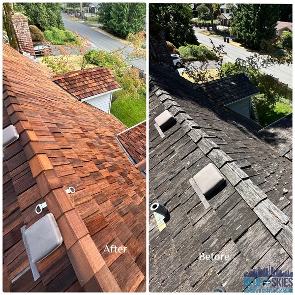 Residential soft wash roof cleaning before and after on wood shingles in a split-screen image.