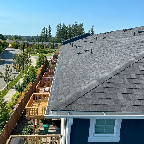 Commercial building's roof with clean gutters; blue siding, gray shingles, and view of the neighborhood.