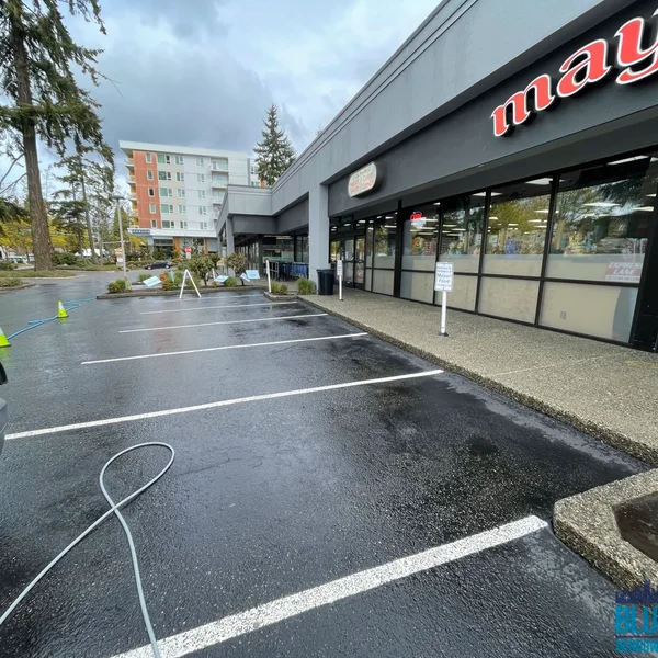 Black asphalt in a commercial parking lot is clean after pressure washing services.