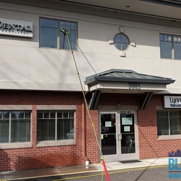 Commercial gutter cleaning company washing windows on a brick building using a long pole with brush attachment.