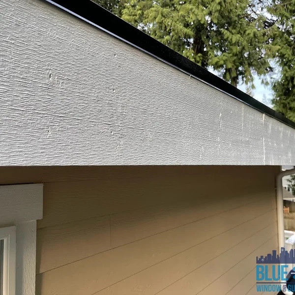 Dirty residential gutters are shown before professional gutter brightening and cleaning services.