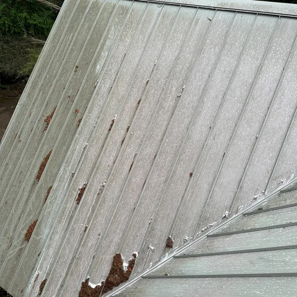 Heavily stained residential metal roof covered in algae and debris needs professional soft wash cleaning.