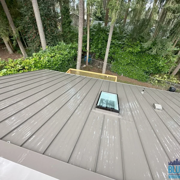 Clean gray metal roof after soft wash, complete with skylight, surrounded by trees; a professional roof cleaning service.