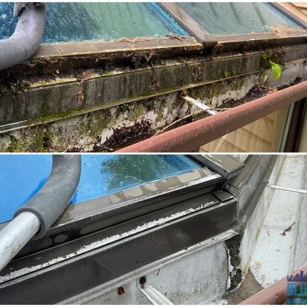 Before and after gutter cleaning shows a debris-filled gutter transformed to a clean one.