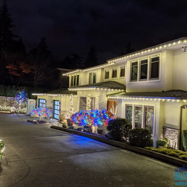 Residential home with roof and tree Christmas lights installed by exterior maintenance company.
