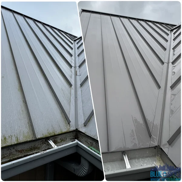 Residential roof cleaning results using soft wash, before and after moss and algae removal, showing clean metal roof.