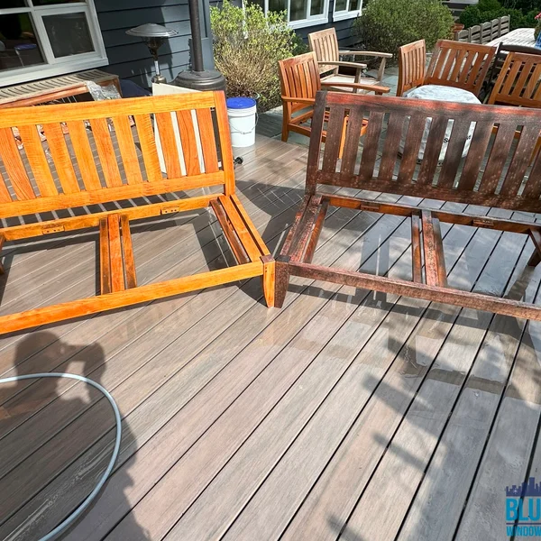 Before and after of residential wood furniture restoration on a gray deck.