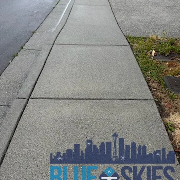Concrete sidewalk with a company logo being serviced by pressure washing and exterior maintenance services.