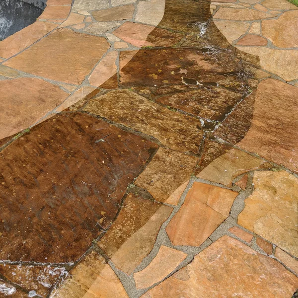 Pressure washing cleans moss and algae from a brown flagstone patio, restoring its original color.