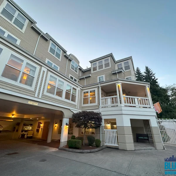 Tan commercial building with clean gutters, showcasing our gutter cleaning services.