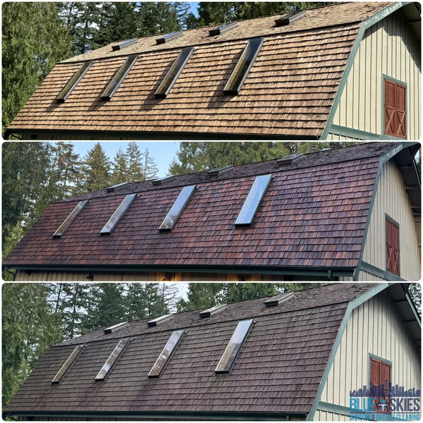 Before and after photos of a cedar shake roof cleaned using soft wash techniques, showing removal of algae and grime.