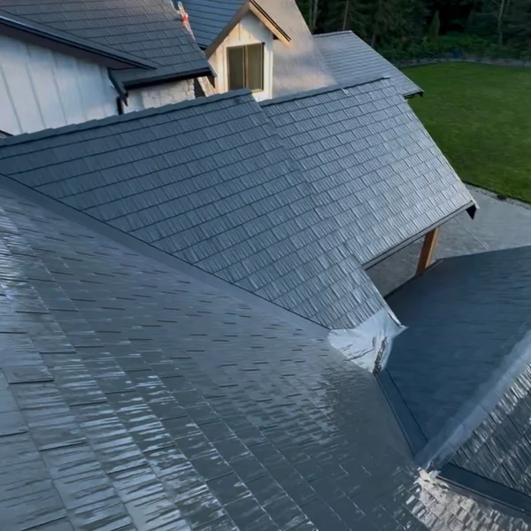 Soft wash roof cleaning service on a grey shingle roof, part of a residential exterior cleaning project.