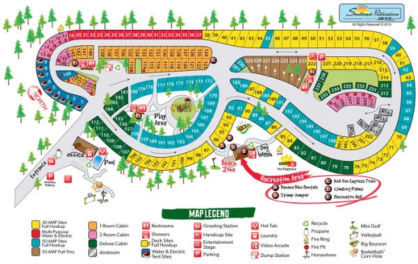 Campground map features numbered sites, play areas, a beach zone, and amenities, providing a park model or tiny home owner