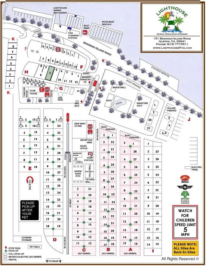 Map of Lighthouse Marina Resort in Isleton, CA showing site layout, ADU locations, and recreational amenities.