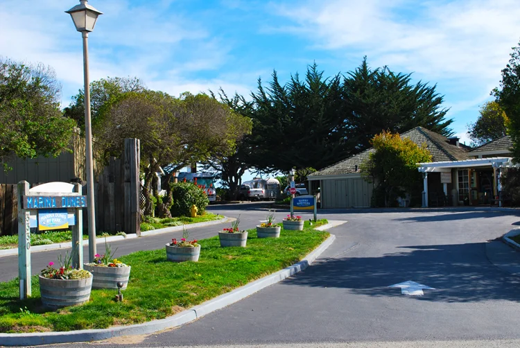 An inviting park model and tiny home community entrance with landscaping under a sunny sky.