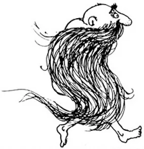 Whimsical sketch of a barefoot man with an enormous beard, representing free-spirited tiny home living.