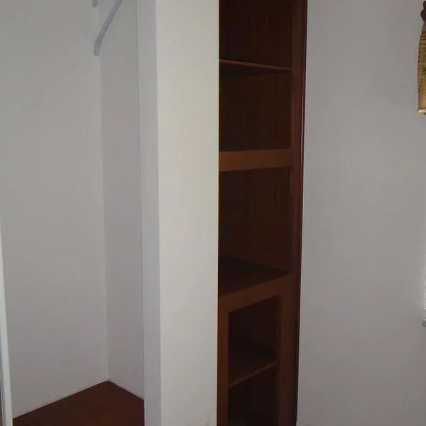 Maximize space with built-in storage solutions in your ADU or tiny home, like this closet with a wooden shelving unit.