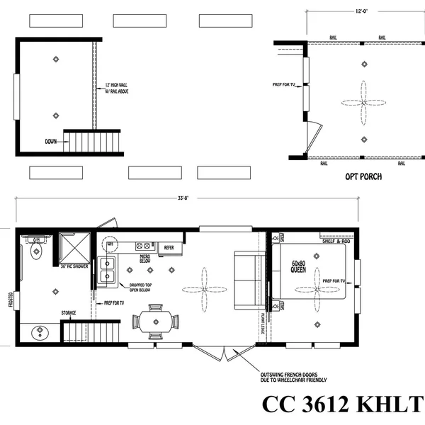 Floor plan of CC 3612 KHLT park model with optional porch, queen bedroom, kitchen, and 36" HC shower.