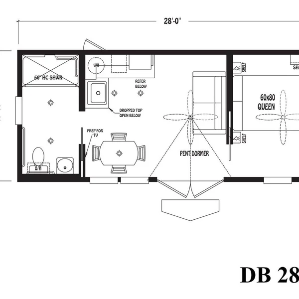 Floor plan blueprint showcases DB 28 park model featuring a queen bedroom, bathroom with 60" HC shower, and living area.