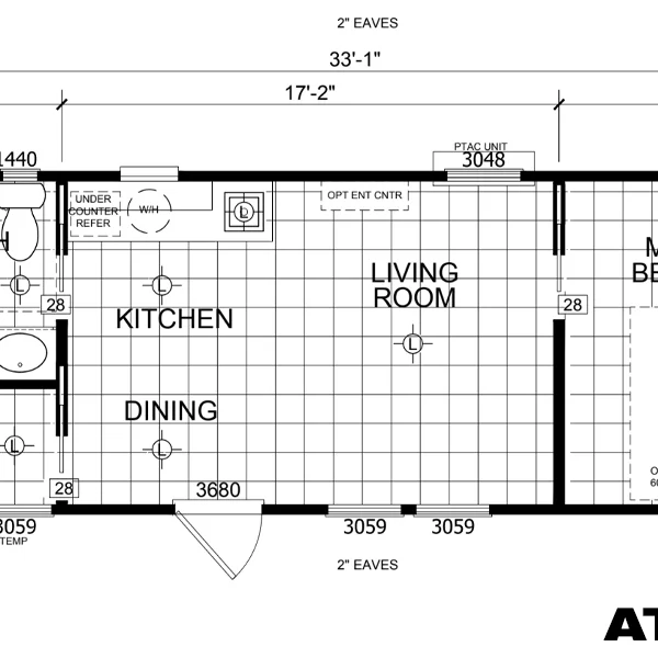 Floor plan details the layout of an ADU featuring a kitchen, living room, dining area, and bedroom.