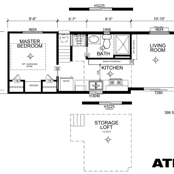 Floor plan for a manufactured home ADU, featuring a master bedroom, bathroom, kitchen, living room, and storage loft.
