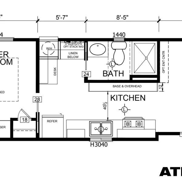 Partial floor plan showing a bathroom, kitchen, desk, and linen storage area in ADU or tiny home design.