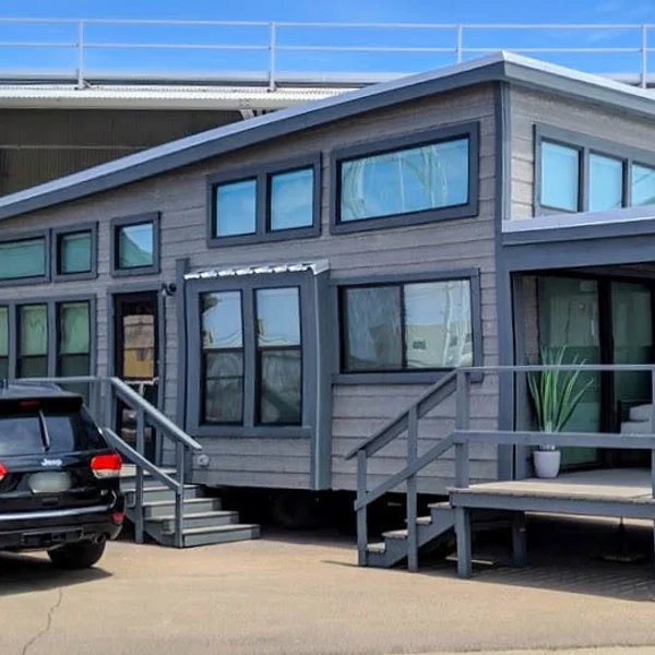 Exterior of a modern gray park model home with a deck and a black Jeep Grand Cherokee.