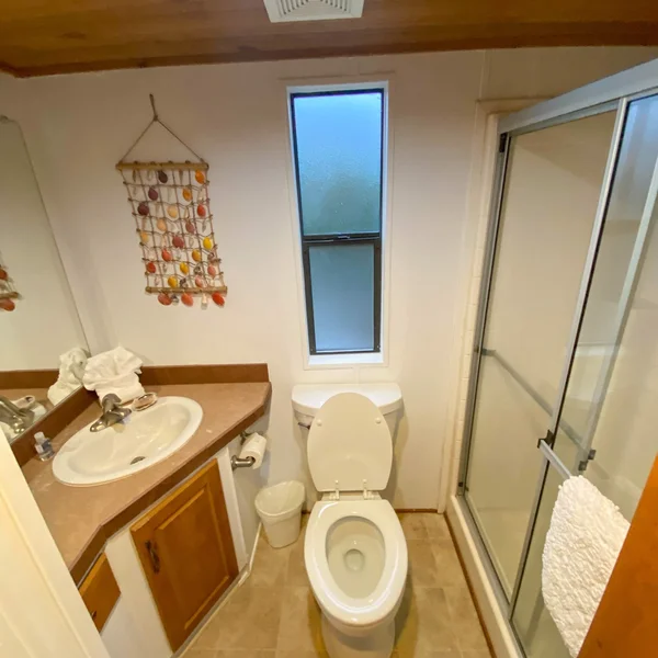 Bathroom in a new manufactured home features a shower, toilet, sink, and shell decoration.
