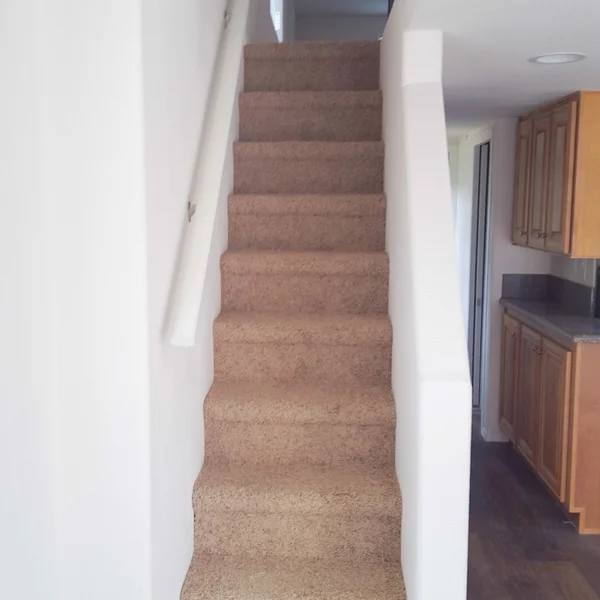 Carpeted stairs with white handrail lead to the second floor in a new ADU or tiny home build.