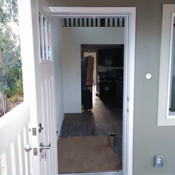 View from the doorway into the kitchen of a newly-constructed accessory dwelling unit (ADU).