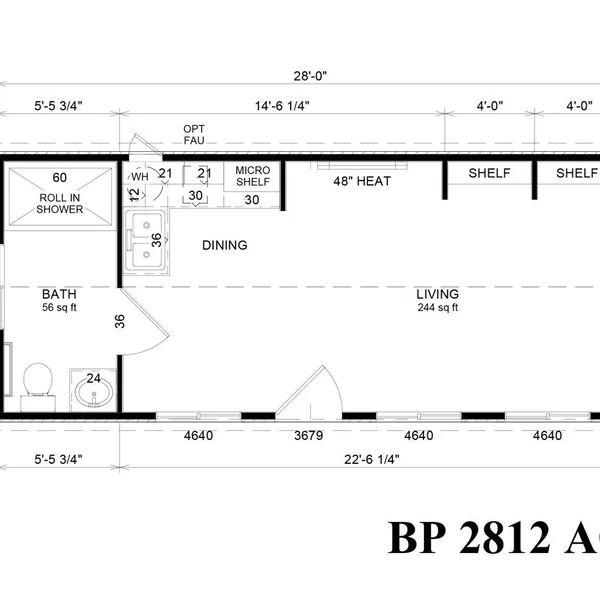 The BP 2812 A ADU floor plan features a roll-in shower, dining area, and living space with shelves.