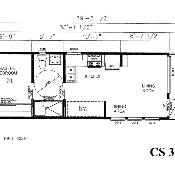 Floor plan shows layout of a 399.5 sq ft tiny home, including master bedroom, kitchen, living room, and bunk beds.