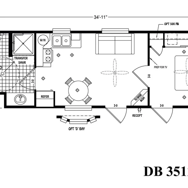 Floor plan for DB 3511 park model tiny home shows layout with kitchen, bathroom, living space, and bedroom.