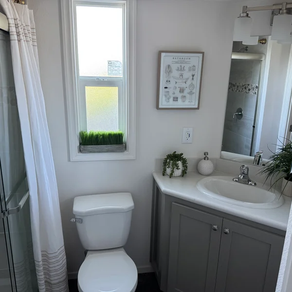 Real estate bathroom features a white toilet, gray vanity, and framed bathroom print against light gray walls.