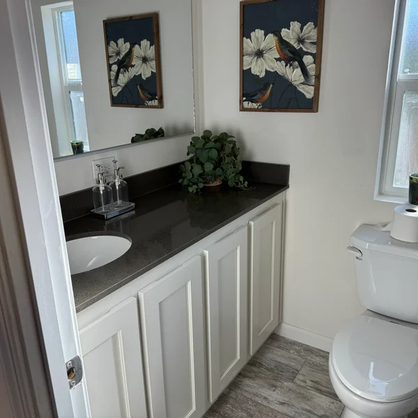 Bright white bathroom features a dark gray countertop, white cabinetry, and framed floral artwork.